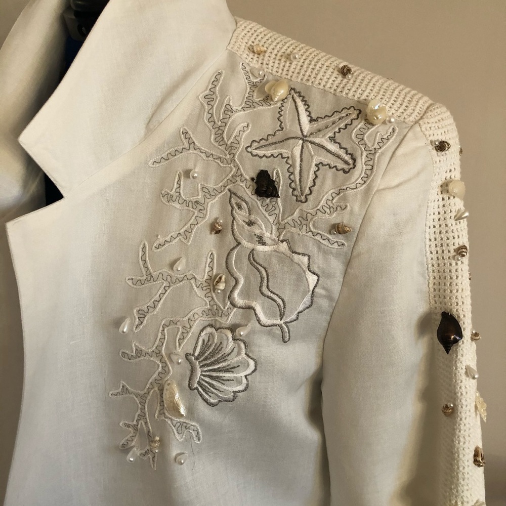 White Cotton Ramie Long Sleeve Embroidered Jacket